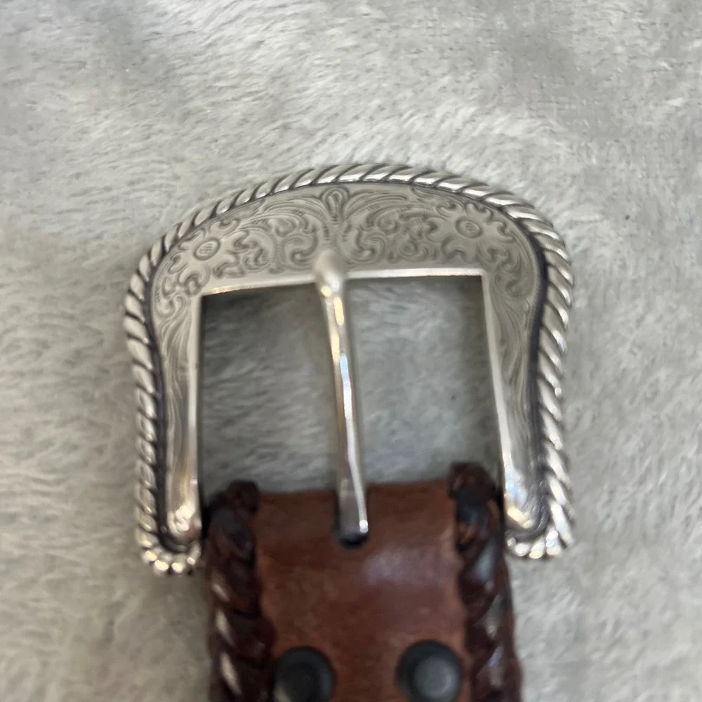 Nocona Belt Co‎ Mens 38 Brown Leather Western Belt Engraved Buckle Rustic Rugged